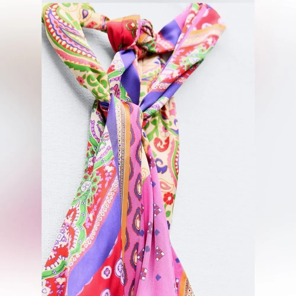 ZARA PATCHWORK PRINTED HALTER NECK MIDI DRESS - Picture 5 of 8